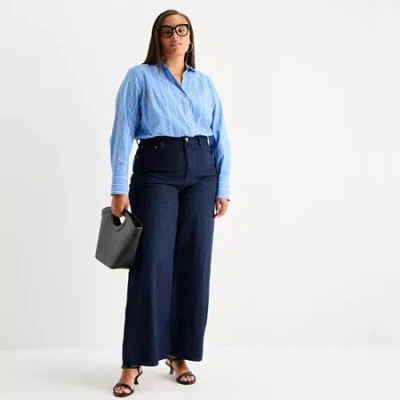 Worthington Womens Plus Long Sleeve Blouse In Blue