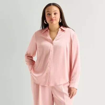 Worthington Womens Plus Long Sleeve Blouse In Pink