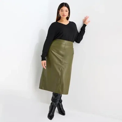 Worthington Womens Plus Midi Faux Leather Pencil Skirt In Green