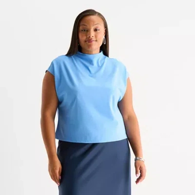 Worthington Womens Plus Mock Neck Short Sleeve Blouse In Blue