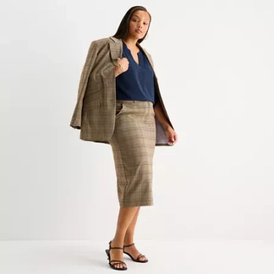 Worthington Womens Plus Plaid Regular Fit Blazer In Brown