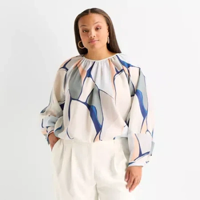 Worthington Womens Plus Round Neck Long Sleeve Blouse In Multi