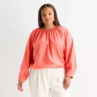 Worthington Womens Plus Round Neck Long Sleeve Blouse In Pink
