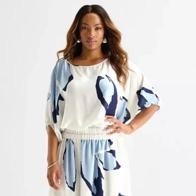 Worthington Womens Plus Round Neck Long Sleeve Satin Blouse In Multi