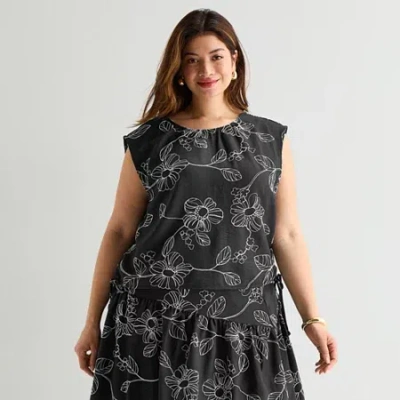 Worthington Womens Plus Round Neck Sleeveless Crop Top In Black