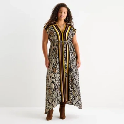 Worthington Womens Plus Short Sleeve Animal Maxi Dress In Brown