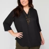 Worthington Womens Plus Split Crew Neck 3/4 Sleeve Blouse In Black