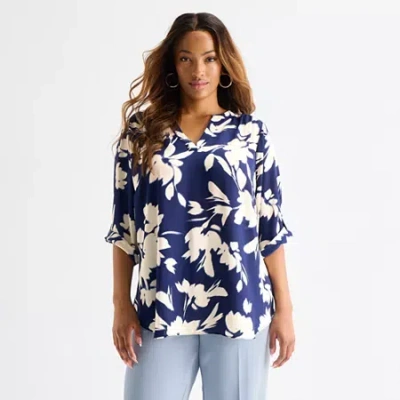 Worthington Womens Plus Split Crew Neck 3/4 Sleeve Blouse In Multi