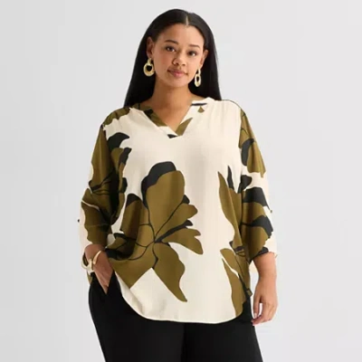 Worthington Womens Plus Split Crew Neck 3/4 Sleeve Blouse In Green