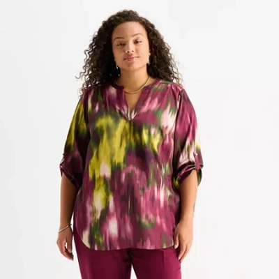 Worthington Womens Plus Split Crew Neck 3/4 Sleeve Blouse In Purple
