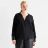 Worthington Womens Plus Split Crew Neck Long Sleeve Blouse In Black