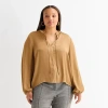 Worthington Womens Plus Split Tie Neck Long Sleeve Blouse In Brown