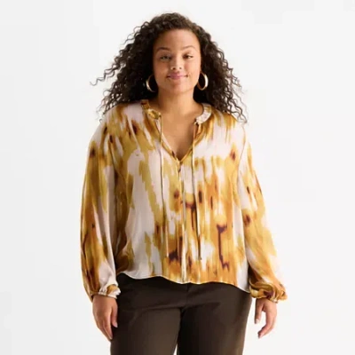 Worthington Womens Plus Split Tie Neck Long Sleeve Blouse In Brown