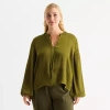 Worthington Womens Plus Split Tie Neck Long Sleeve Blouse In Green