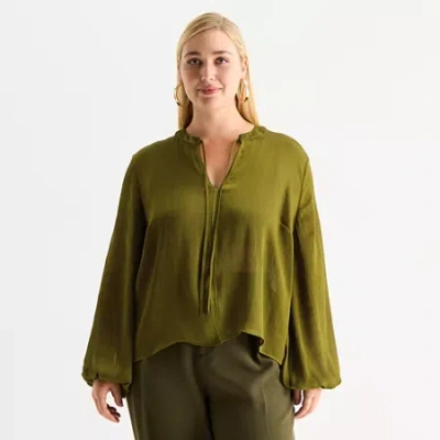 Worthington Womens Plus Split Tie Neck Long Sleeve Blouse In Green