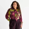 Worthington Womens Plus Split Tie Neck Long Sleeve Blouse In Purple