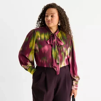 Worthington Womens Plus Split Tie Neck Long Sleeve Blouse In Purple