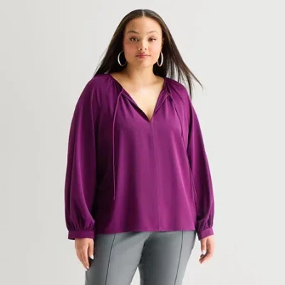 Worthington Womens Plus Split Tie Neck Long Sleeve Blouse In Purple