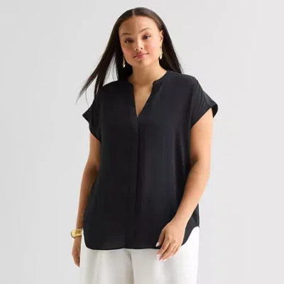 Worthington Womens Plus V Neck Short Sleeve Blouse In Black