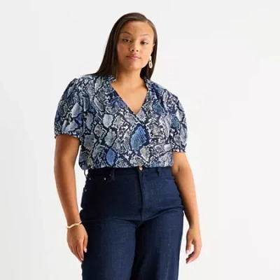 Worthington Womens Plus V Neck Short Sleeve Blouse In Blue