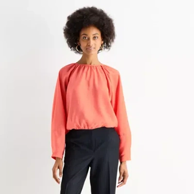 Worthington Womens Round Neck Long Sleeve Blouse In Orange