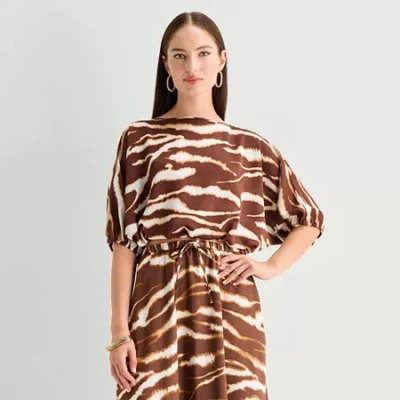 Worthington Womens Round Neck Long Sleeve Satin Blouse In Brown