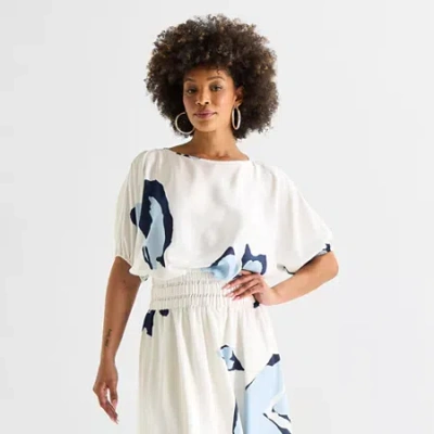 Worthington Womens Round Neck Long Sleeve Satin Blouse In White