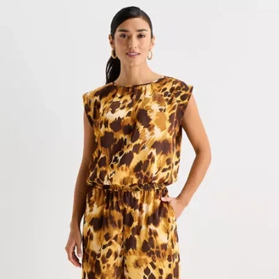 Worthington Womens Round Neck Short Sleeve Satin Blouse In Brown