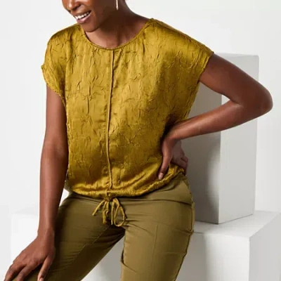 Worthington Womens Round Neck Short Sleeve Satin Blouse In Green