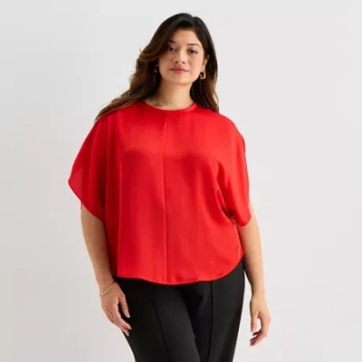 Worthington Womens Round Neck Short Sleeve Satin Blouse In Red