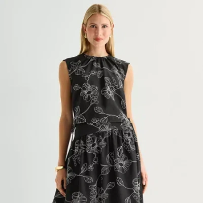 Worthington Womens Round Neck Sleeveless Crop Top In Black