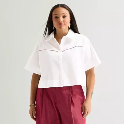 Worthington Womens Short Sleeve Embroidered Button-down Shirt In White