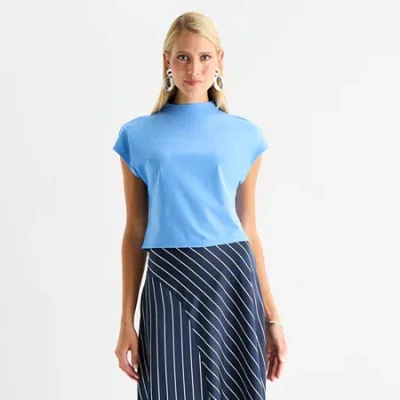 Worthington Womens Short Sleeve Mock Neck Top In Blue