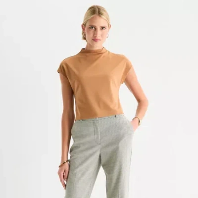 Worthington Womens Short Sleeve Mock Neck Top In Brown