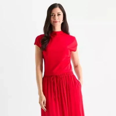 Worthington Womens Short Sleeve Mock Neck Top In Red