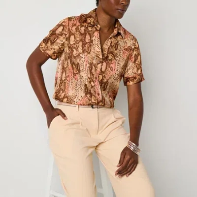 Worthington Womens Short Sleeve Regular Fit Button-down Shirt In Brown