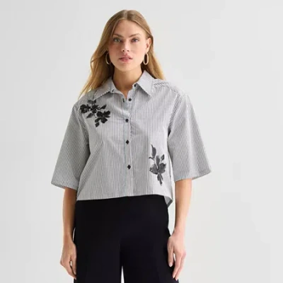 Worthington Womens Short Sleeve Regular Fit Poplin Button-down Shirt In Black