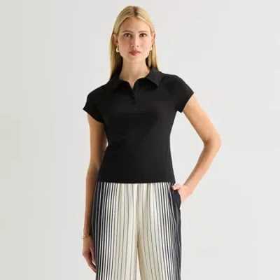 Worthington Womens Short Sleeve Rib Polo Shirt In Black