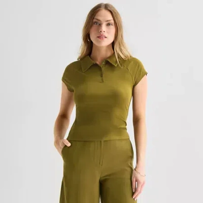 Worthington Womens Short Sleeve Rib Polo Shirt In Green