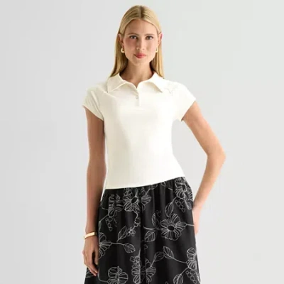 Worthington Womens Short Sleeve Rib Polo Shirt In White