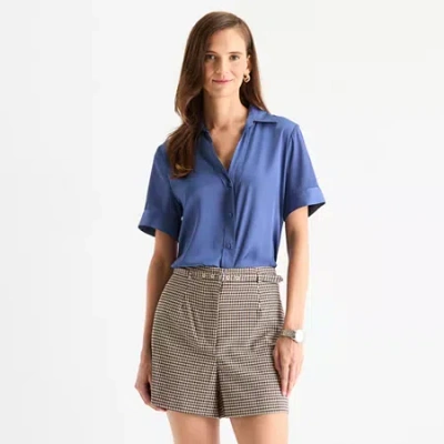 Worthington Womens Short Sleeve Satin Blouse In Blue