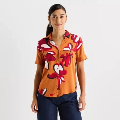 Worthington Womens Short Sleeve Satin Blouse In Brown