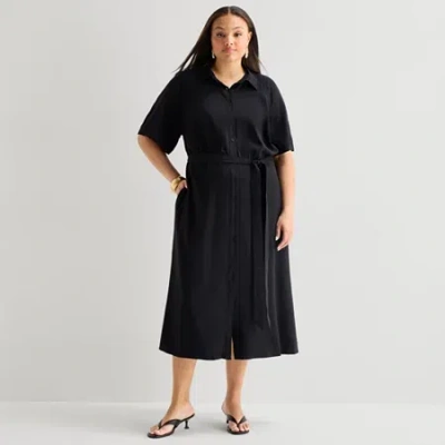 Worthington Womens Short Sleeve Tie Belt Shirt Dress In Black