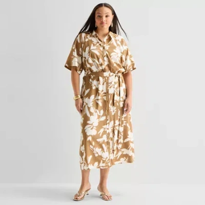 Worthington Womens Short Sleeve Tie Belt Shirt Dress In Brown