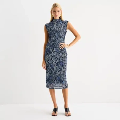 Worthington Womens Sleeveless Midi Abstract Bodycon Dress In Blue