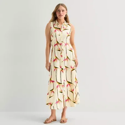 Worthington Womens Sleeveless Midi Shirt Dress In Multi