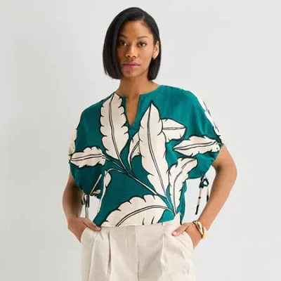 Worthington Womens Split Crew Neck Elbow Sleeve Blouse In Green