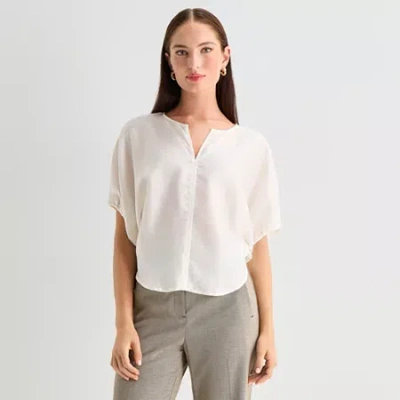 Worthington Womens Split Crew Neck Elbow Sleeve Blouse In White