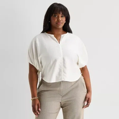 Worthington Womens Split Crew Neck Elbow Sleeve Blouse In White
