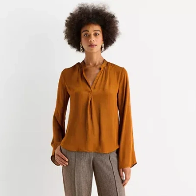 Worthington Womens Split Crew Neck Long Sleeve Satin Blouse In Brown